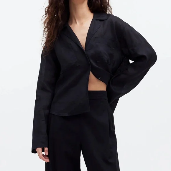 Madewell Petite Pull-On Straight Crop Pants in Linen Blend Black 10 P NP860 Boho - Picture 5 of 14